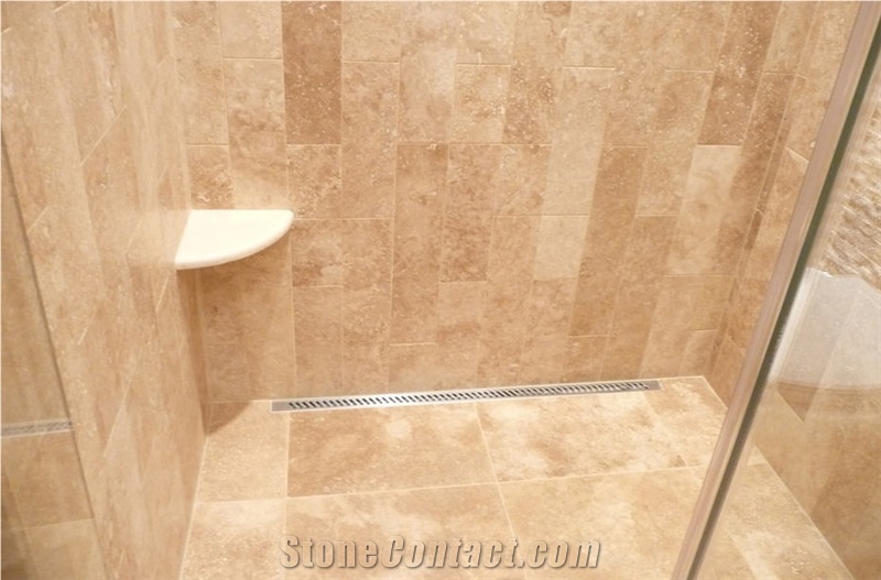 Spa Bathroom Remodel - Classic Travertine Plank Set Linear Drain Classic Travetine