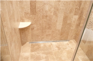 Spa Bathroom Remodel - Classic Travertine Plank Set Linear Drain Classic Travetine