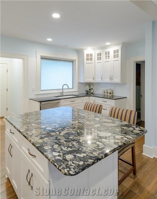 Golden Marinace Island Top and Silver Pearl Granite Perimeter Kitchen