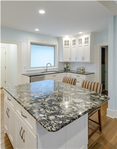 Golden Marinace Island Top and Silver Pearl Granite Perimeter Kitchen