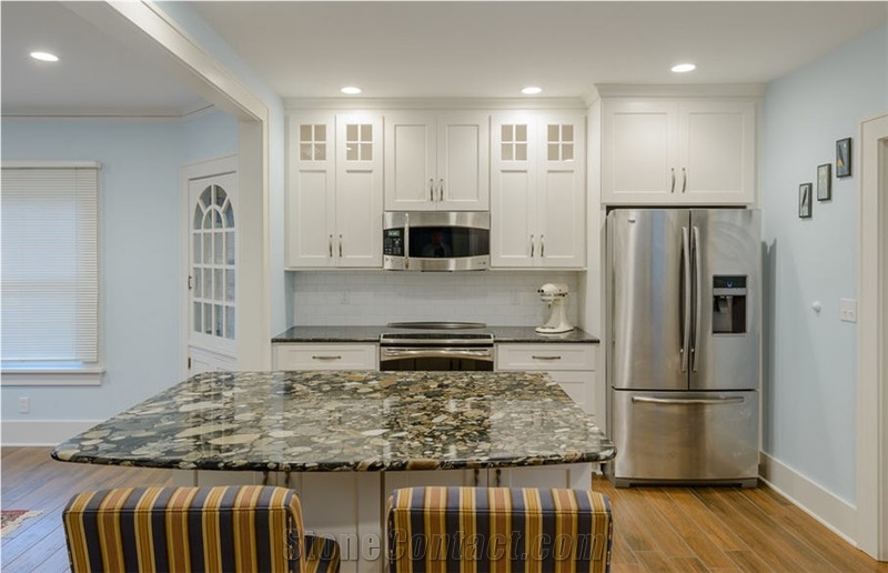 Golden Marinace Island Top and Silver Pearl Granite Perimeter Kitchen