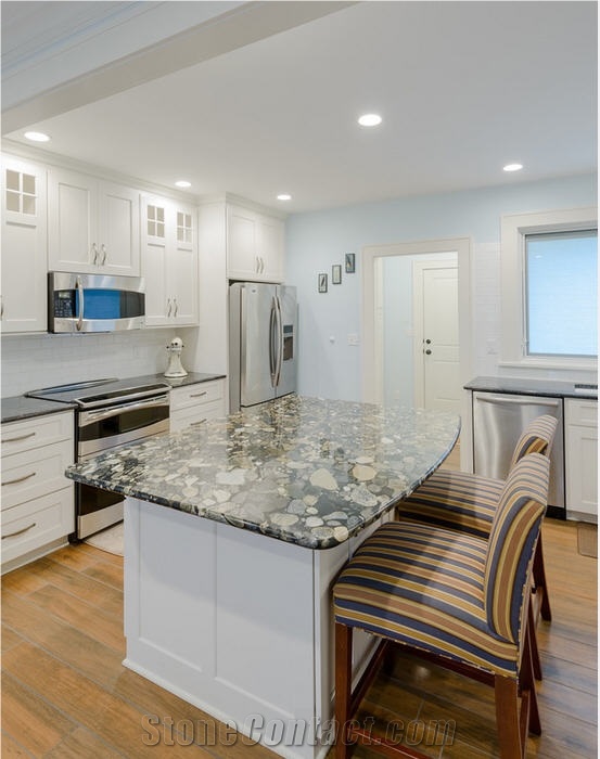 Golden Marinace Island Top and Silver Pearl Granite Perimeter Kitchen