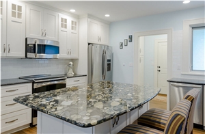 Golden Marinace Island Top and Silver Pearl Granite Perimeter Kitchen