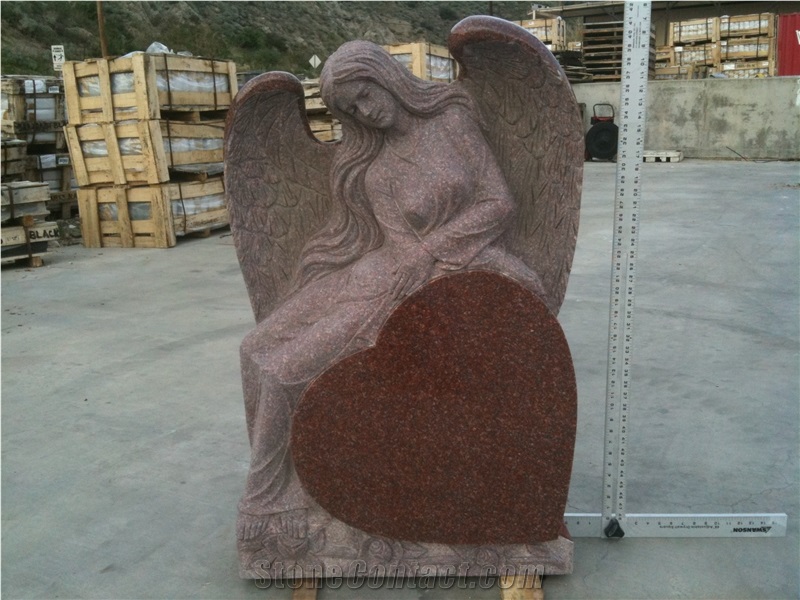 Indian Red Granite Monument with Angel &Heart & Roses Shape,Imperial Red Tombstone,Angel & Heart Style Memorial,Carving Headstone