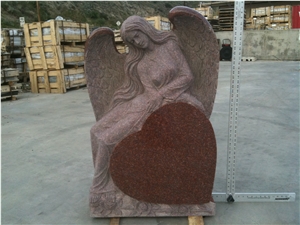 Indian Red Granite Monument with Angel &Heart & Roses Shape,Imperial Red Tombstone,Angel & Heart Style Memorial,Carving Headstone