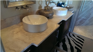 Master Bath with Double Vessel Sink Vanity, Beige Limestone Bath Top