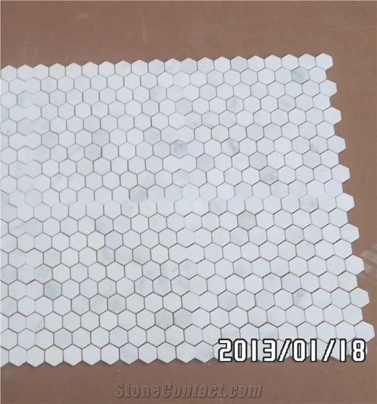 Bianco Carara White Marble Mosaic Herringbone Pattern