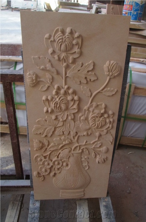 China Good Sandstone Sculpture Flower Sculpture, Yellow Sandstone Relief & Etching