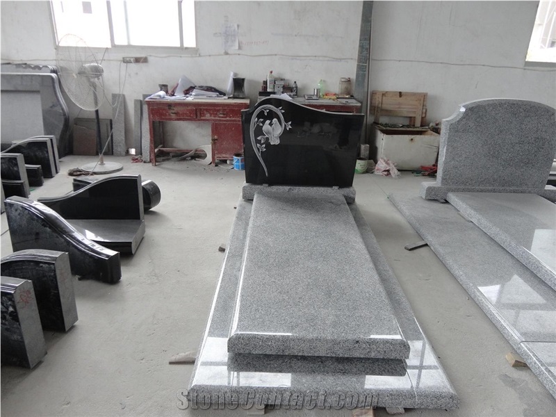Chinese Cheap G603 Light Grey White Granite Polished Tomestone, French Western Style Monuments, Custom Engraved Headstone Single Double Design, with Cross Gravestones, Manufacturer Factory Good Prices