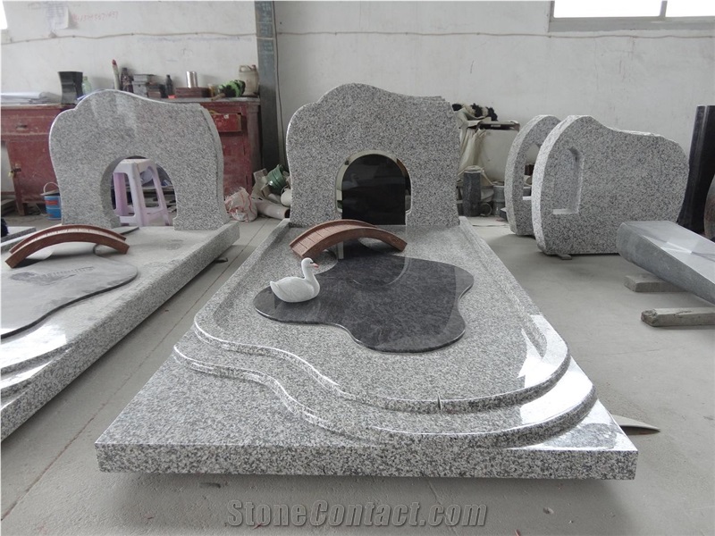 Chinese Cheap G603 Light Grey White Granite Polished Tomestone, French Western Style Monuments, Custom Engraved Headstone Single Double Design, with Cross Gravestones, Manufacturer Factory Good Prices