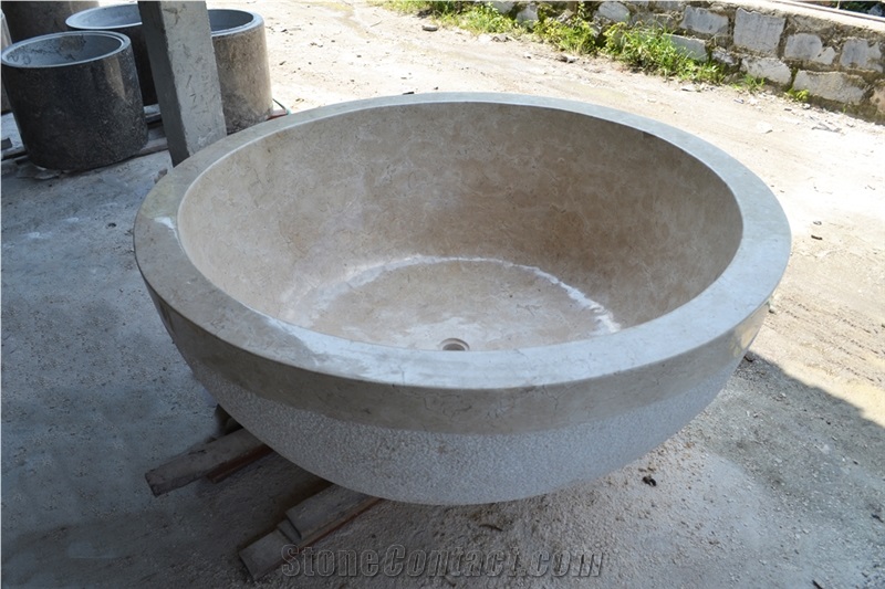 Absolute Beige Marble Bathtub Round Bowl Outside Mixed Polish - Hammer