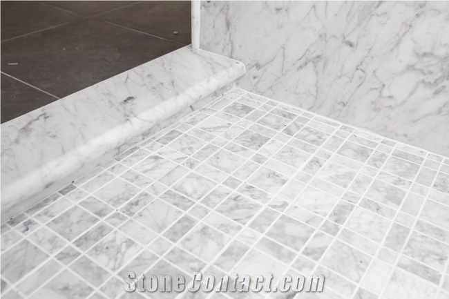 Carrara White Composite Thin Panel, White Marble Bath Design