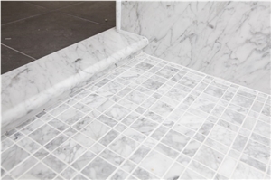 Carrara White Composite Thin Panel, White Marble Bath Design