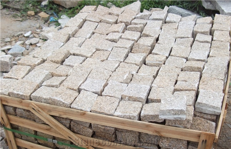 G682 Granite Cubic Stone,Yellow Granite Cobble,Yellow Rusty Granite Cubic Stone Pavers