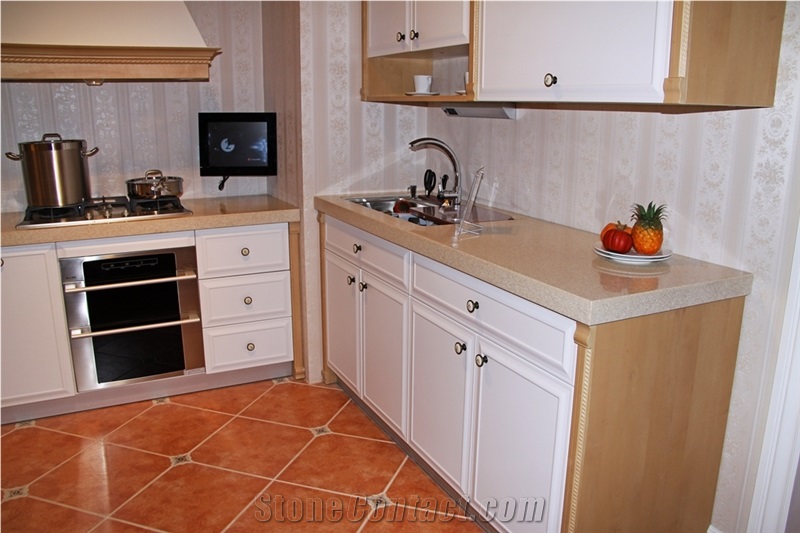 Beige Color Artificial Stone Slabs 2cm and 3cm for Kitchen Worktops and Bathroom Tops and Surrounding,Resistant to Scratch and Heat