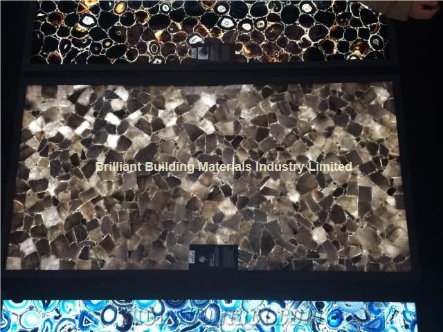 Backlit Smoky Rock Crystal Slab Panel, Grey Semiprecious Stone Slab Panel