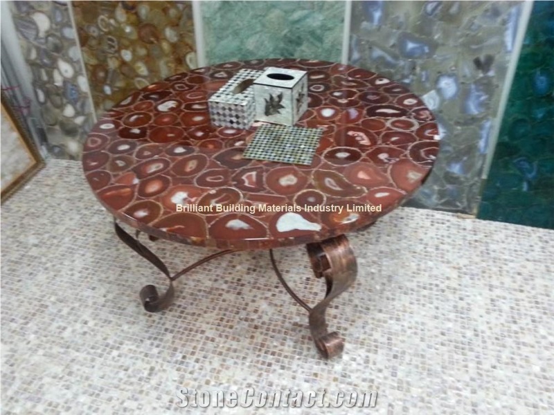 Red Agate Semiprecious Stone Round Table Top