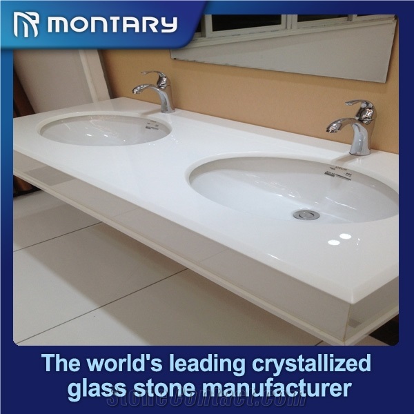 White Manmade Stone Double Bathroom Sink Countertop with Built in Sinks
