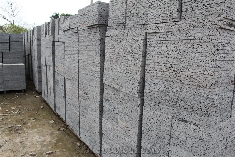 Hainan Black Big Holes Lava Stone Flooring & Walling Tiles, China Black Basalt Moon Surface Tiles