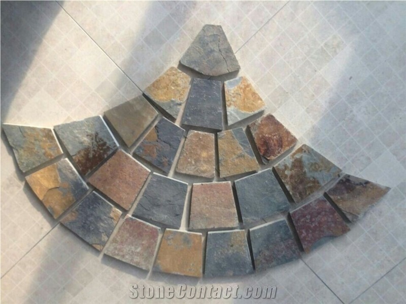 S015 Rusty Brown Slate Fan Shape Paving,Multi Color Slate Meshed Cobble and Cube Stone