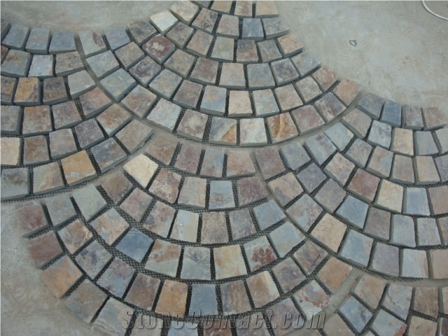 S015 Rusty Brown Slate Fan Shape Paving,Multi Color Slate Meshed Cobble and Cube Stone