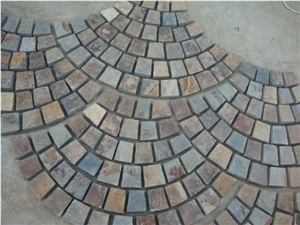 S015 Rusty Brown Slate Fan Shape Paving,Multi Color Slate Meshed Cobble and Cube Stone
