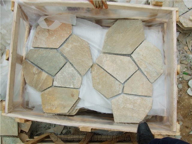 Fargo 014 China Yellow Slate Flagstone Mesh, Irregular Flagstone Net for Walkway Paver, Road Paving