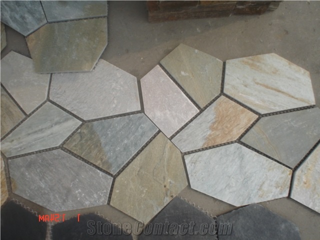 Fargo 014 China Yellow Slate Flagstone Mesh, Irregular Flagstone Net for Walkway Paver, Road Paving