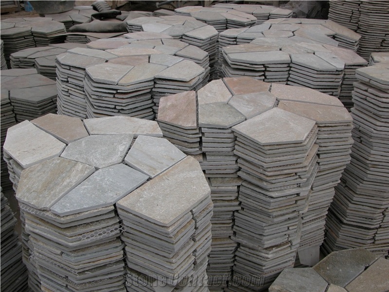 Fargo China Yellow Sandstone Random Flagstone Mesh, Irregular Flagstone Net for Walling, Garden Road Paving, Walkway Pavers