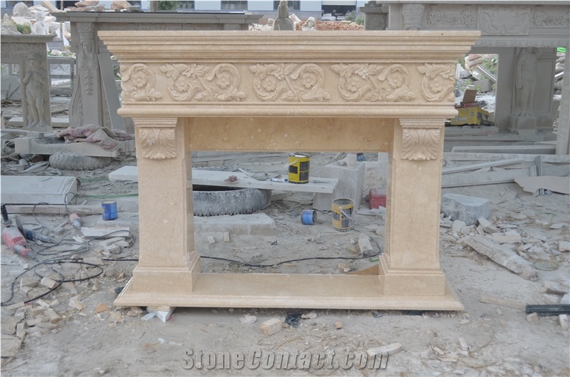 China Beige Marble Hand Carved Fireplace Mantel,Fireplace Surround