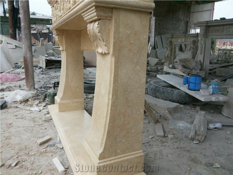China Beige Marble Hand Carved Fireplace Mantel,Fireplace Surround