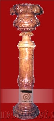 China Red Marble Hand Carved Column Pedestal
