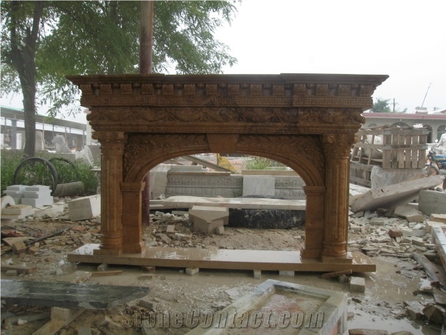 Hand Carved China Yellow Marble Fireplace Mantel