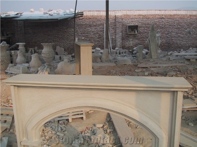 Simple Design Sandstone Fireplace Mantel, Beige Sandstone Fireplace Mantel