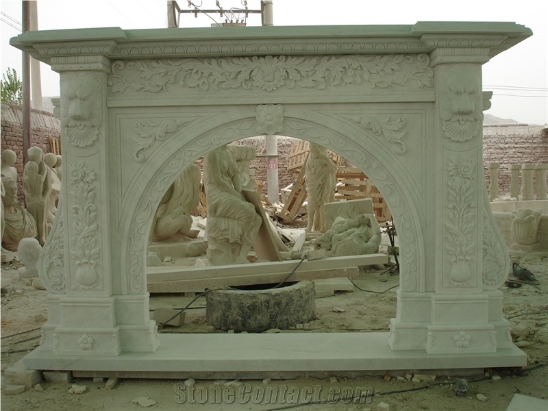 White Marble Fireplace Surround with Hand Carving Flower Hearth Mantel