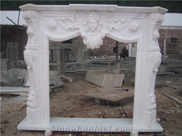 White Marble Fireplace Surround with Hand Carving Flower Hearth Mantel