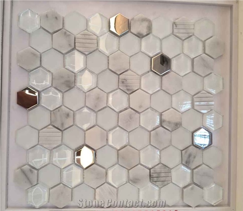 China White Marble + Glass Hexagonal Mosaic Mixing Glass Hexagon White A076p-7