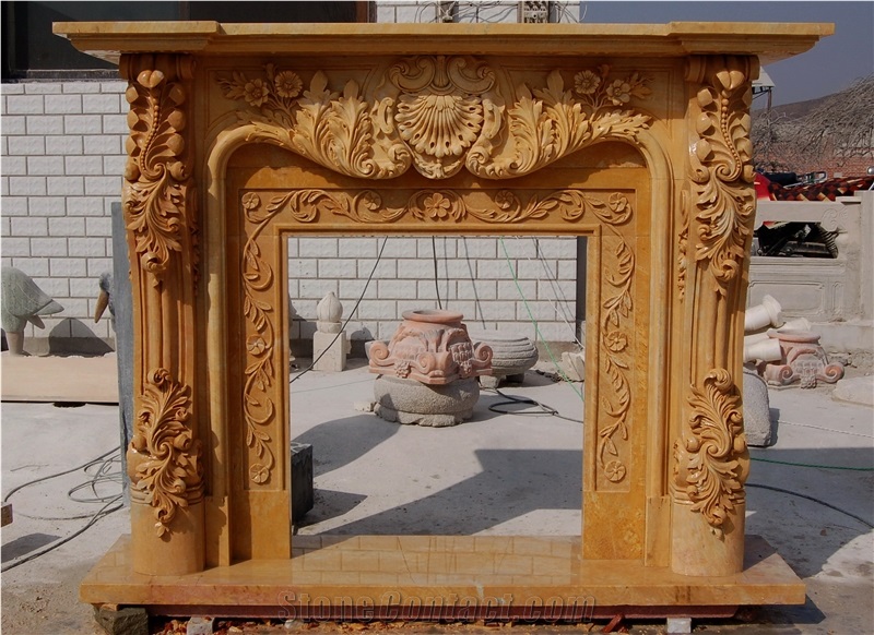 High-End Marble Fireplace with Delicate Carved Flowers, Brown Marble Fireplace