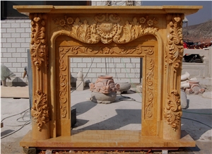 High-End Marble Fireplace with Delicate Carved Flowers, Brown Marble Fireplace