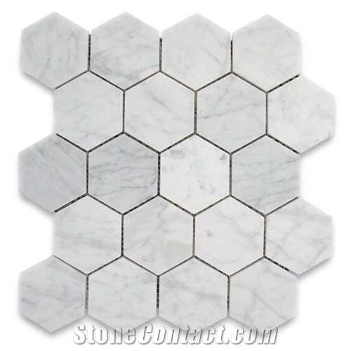Carrara White Marble Elongated Hexagon Mosaic Pattern Tile Polished Wall Panel,Bathroom Floor Covering