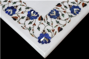 White Marble Stone and Mother Of Pearl Inlays Table Top Design
