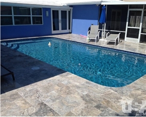 Pool Deck with Silver French Pattern Travertine Pavers