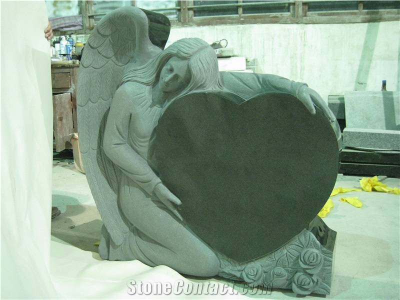 Shanxi Black Granite Western Style Monuments Absolute Black Tombstones Headstone Heart Angel Gravestone