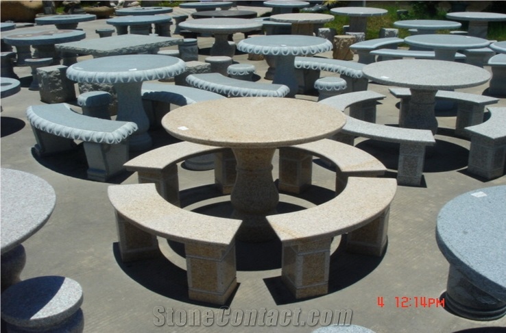 Garden Stone Table and Bench, Natural Stone Grey Granite Bench & Table