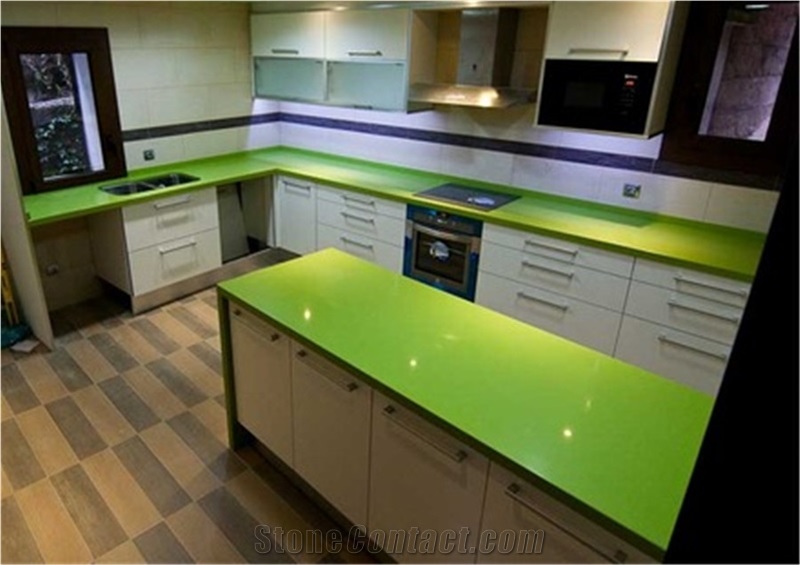 Apple Green Quartz Stone for Cut to Size Project Like Counter Top,Tabletop,Floor and Wall Polished Quartz Surfaces Standard Slab Sizes 126 *63 and 118 *55,Top Quality,More Durable Than Granite