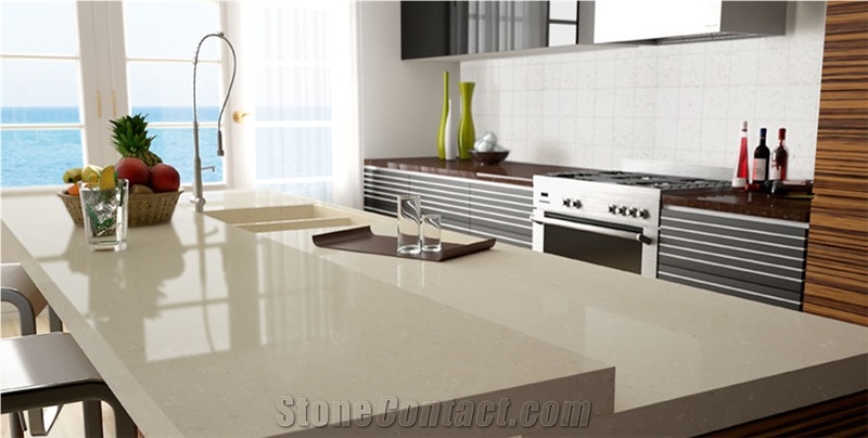 China Beige Quartz Stone Solid Surfaces Tiles for Work or Tops Table Top Directly from China Manufacturer at Competitive Prices More Durable Than Granite Thickness 2cm or 3cm