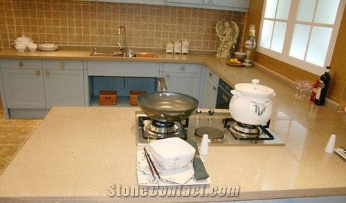 China Yellow Manmade Stone Quartz Stone Slabs & Tiles with Bright Surface for Prefab Countertops Your First Kitchen Countertop Options Nonporous More Durable Than Granite Countertops Slab Size 3200*16