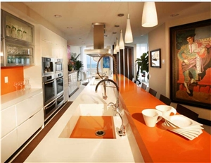 Chinese Bright Orange Quartz Surfaces Materials Supplier with International Designing and Competitive Pricing for Worktop Table Top Projects More Durable Than Granite Thickness 2cm or 3cm