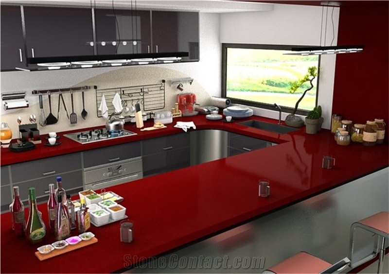 Cut to Size China Red Quartz Stone Kitchen Counter Top Worktop Table Top Projects Slab Sizes 3000*1400mm and 3200*1600mm More Durable Than Granite with a Variety Of Edge Profile Opotion