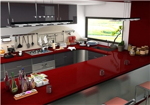 Cut to Size China Red Quartz Stone Kitchen Counter Top Worktop Table Top Projects Slab Sizes 3000*1400mm and 3200*1600mm More Durable Than Granite with a Variety Of Edge Profile Opotion
